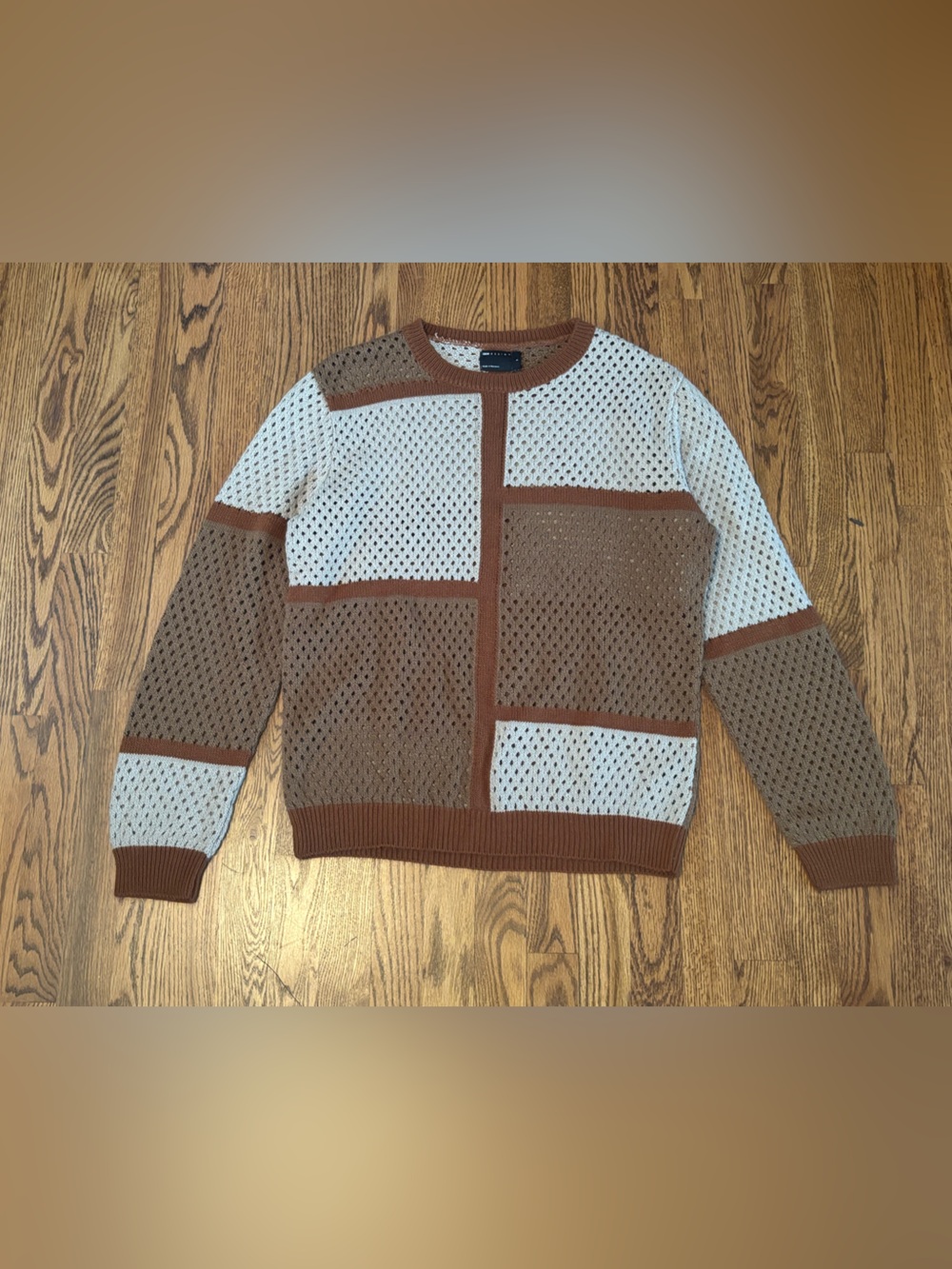 ASOS DESIGN Open Knit Colorblock Sweater Brown Beige Size S Relaxed Fit